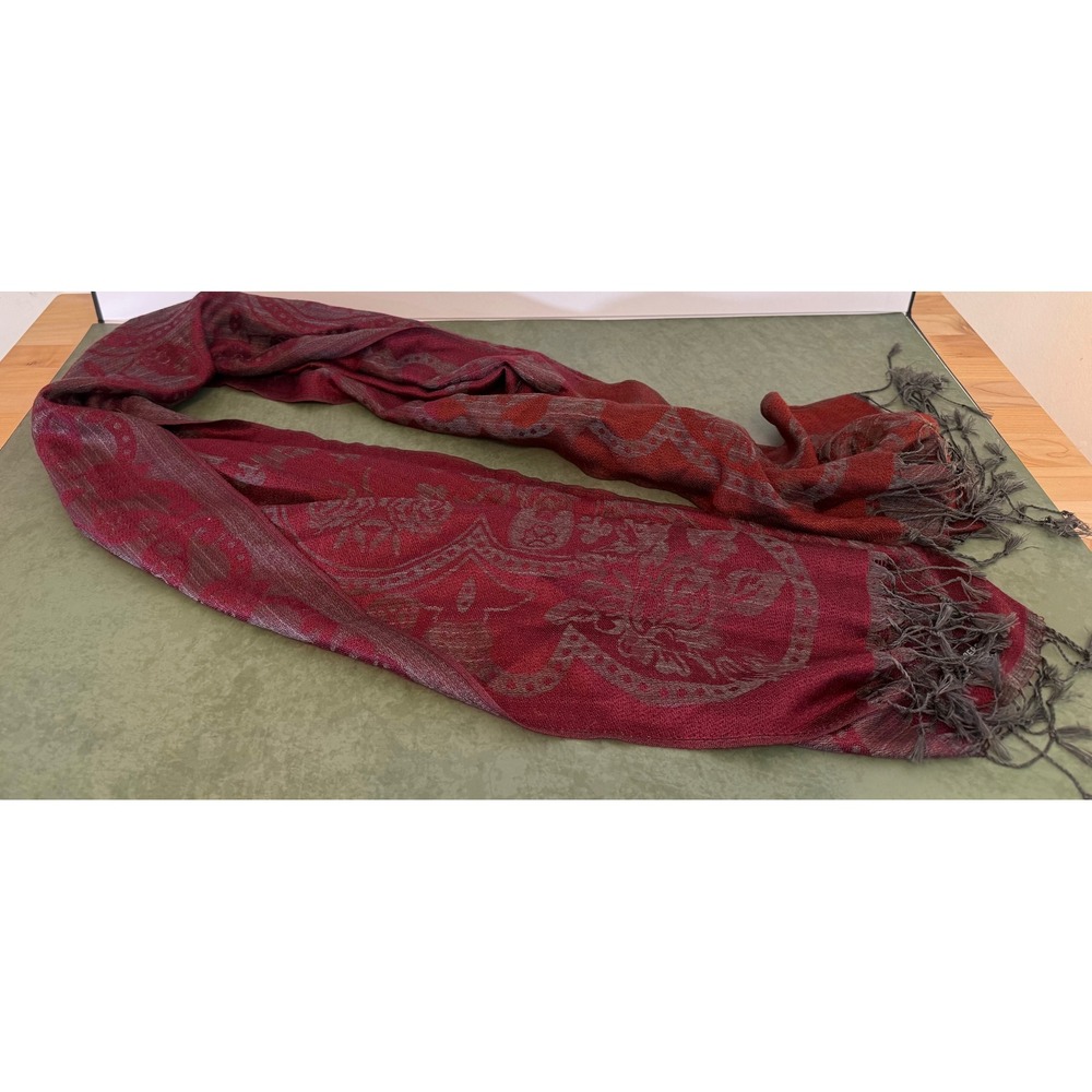 100% Cashmere Scarf Burgundy Grey Floral Paisley Jacquard Fringe Wrap Pashmina